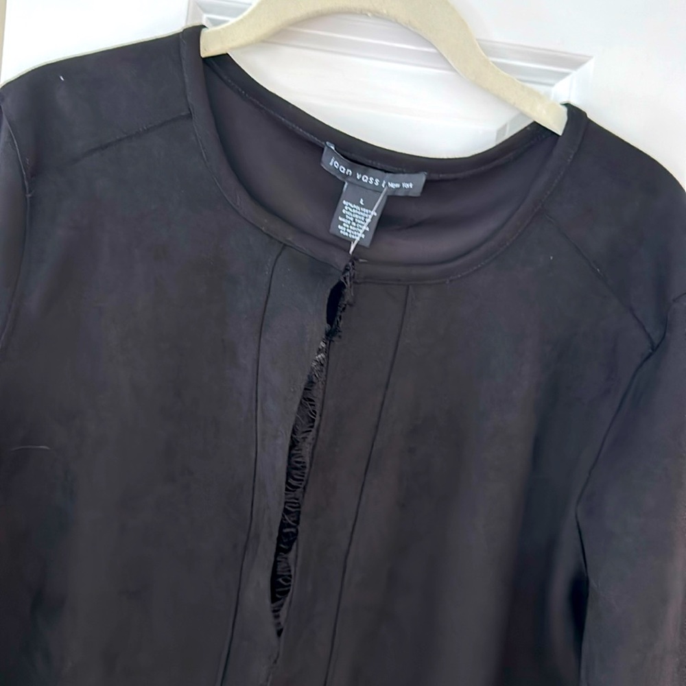 Joan Vass Faux Suede Blazer, Black, Lace Trim, Sz L, single hook closure, NWT